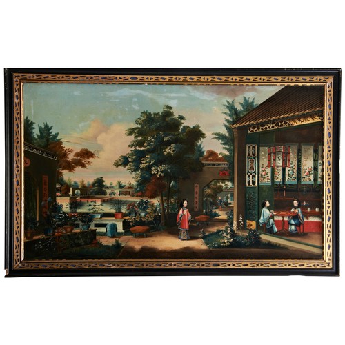 371 - A LARGE PAIR OF 19TH CENTURY CANTON SCHOOL OIL PAINTINGSCHINESE HOUSE AND WATER GARDENS WITH FIGURES... 