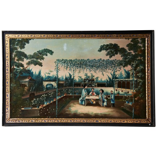 371 - A LARGE PAIR OF 19TH CENTURY CANTON SCHOOL OIL PAINTINGSCHINESE HOUSE AND WATER GARDENS WITH FIGURES... 