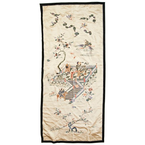 367 - A CHINESE EMBROIDERED SILK PANELLATE QING DYNASTY刺绣八仙挂屏 晚清worked in coloured silk thread with a scen... 