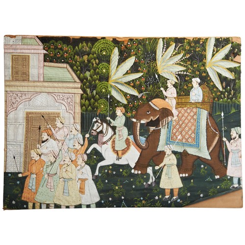 480 - AN INDIAN PAINTING ON SILK LATE 19TH / EARLY 20TH CENTURYdepicting a hunting scene riding an elephan... 