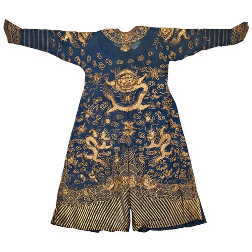 363 - A CHINESE BLUE GUAZE SUMMER 'DRAGON' ROBELATE QING DYNASTY晚清石青地鍛綉金丝龍紋袍worked in gold thread with nin... 