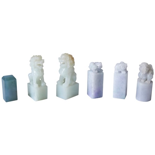 321A - GROUP OF SIX CARVED JADE SEALS20TH CENTURY狮钮及瑞兽玉印一组 20世纪6.3cm tallestPROVENANCE: From the private co... 