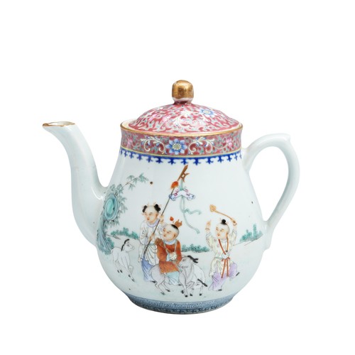 213A - A FAMILLE ROSE TEAPOT WITH CHILDREN PLAYING IN THE GARDEN,QING DYNASTY, 19/20TH CENTURY粉彩婴戏图茶壶 清 19/... 