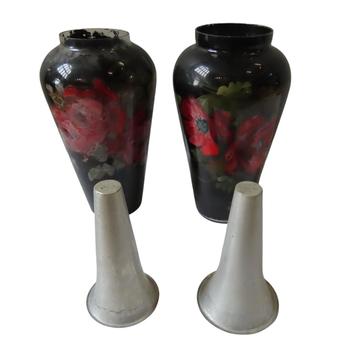 164 - A PAIR OF VINTAGE INTERIOR PAINTED GLASS VASES, tapering form, the sides painted with red roses on a... 