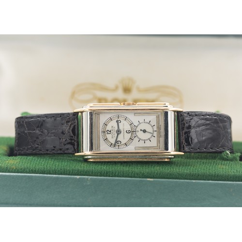 214 - C.1930 ROLEX PRINCE RAILWAY WATCHA rare gentleman’s 18K white and rose gold Rolex “Railway” chronome... 