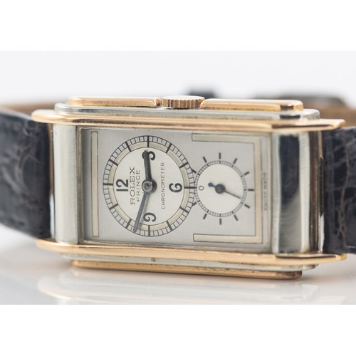 214 - C.1930 ROLEX PRINCE RAILWAY WATCHA rare gentleman’s 18K white and rose gold Rolex “Railway” chronome... 