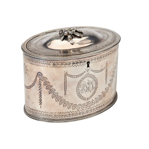 47 - OVAL ENGRAVED TEA CADDY, THOS. PRATT & ARTHUR HUMPHRIES LONDON 1782 Engraved with swags between ... 