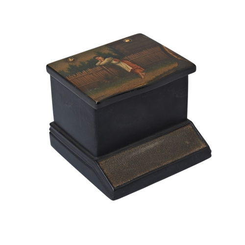 23 - RUSSIAN LACQUER TABLE VESTA BOX C.1900 The black box with red interior and a lid painted with a past... 