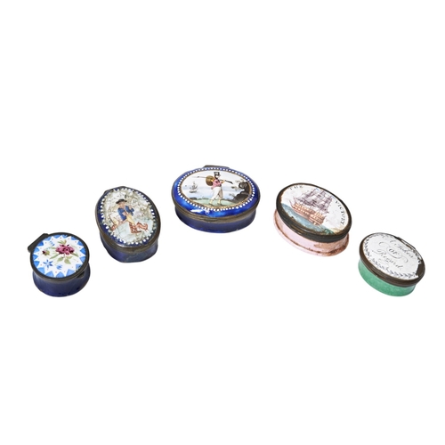 24 - FIVE ENAMEL BOXES C.1800-1840 One with an image of HMS Victory, some damage to each one.Provenance: ... 