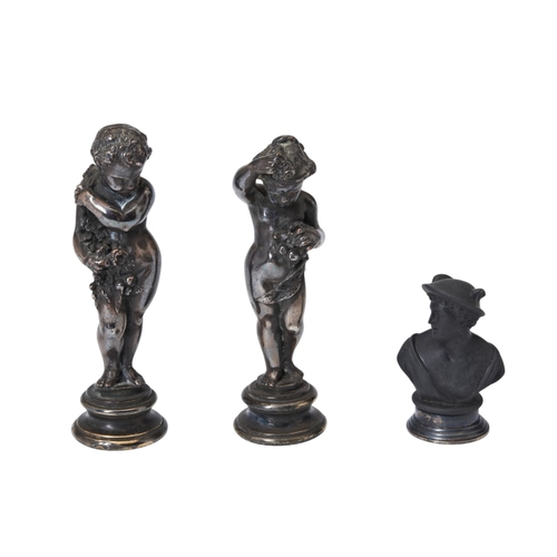 25 - TWO CHERUB FIGURINES AND A BUST OF HERMES 19TH CENTURY The cherubim appear to be plated brass. The b... 