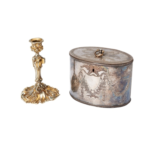 52 - OLD SHEFFIELD PLATE TEA CADDY C.1780 Decorated with engraved swags together with a cast gild rococo ... 