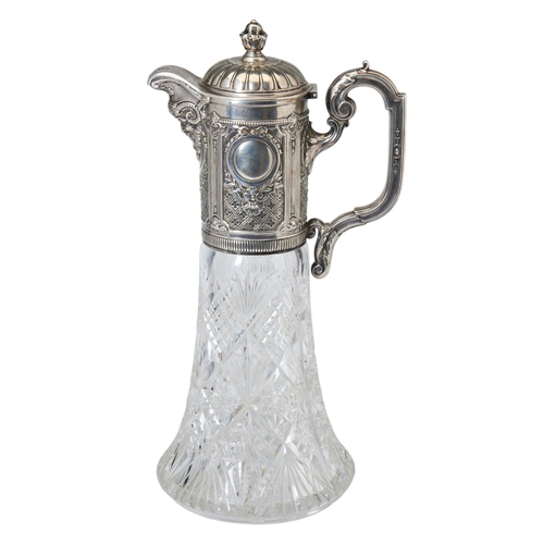 3 - LARGE SILVER MOUNTED CUT GLASS CLARET JUG, MOSCOW C.1910 Decorated with diaper work panels, two vaca... 