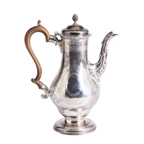 55 - SILVER COFFEE POT, AARON LESTOURGEON LONDON 1766 The body engraved with swags and bands of decoratio... 