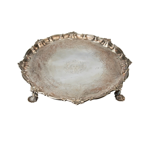 57 - SALVER ON THREE FEET ENGRAVED WITH FRENCH ROYAL ARMS, LONDON 1744 With shell and scroll edge and fla... 