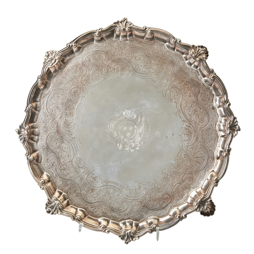 57 - SALVER ON THREE FEET ENGRAVED WITH FRENCH ROYAL ARMS, LONDON 1744 With shell and scroll edge and fla... 