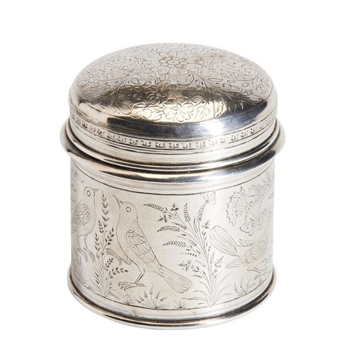 141 - AN ENGRAVED LIDDED CANISTER, ALWAR C.1880. Decorated with birds, butterflies and foliage in the styl... 