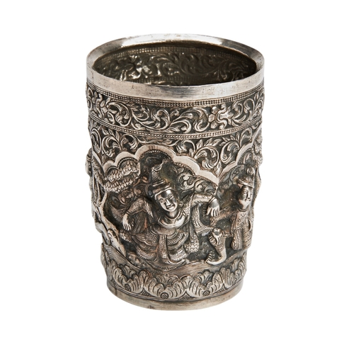 123 - EMBOSSED BEAKER, BURMA C.1900 Decorated in typical Burmese style with figures between acanthus and s... 