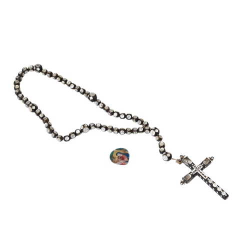 33 - HARDWOOD AND PEARL ROSARY, POSS PORTUGUESE 18TH C Together with a painted glass icon of Madonna and ... 