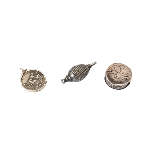 8 - PATCH BOX, C.1700 Together with a small continental pomander and a silver mounted brothel token2.5 c... 