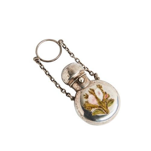 37 - SCENT FLASK WITH ENAMEL FLOWERS, SAMSON MORDEN LONDON 1873 With a sprung hinged lid and suspension c... 