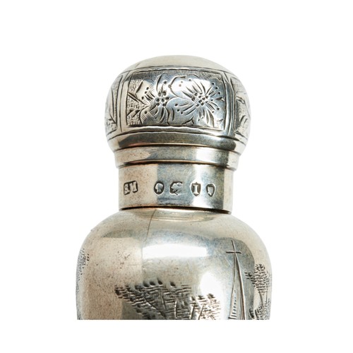 90 - ENGRAVED SCENT FLASK, SAMSON MORDEN LONDON 1884 Decorated all over with flowers and a Kate Greenaway... 