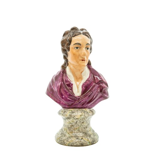 180 - A PEARLWARE BUST OF SIR ISAAC NEWTONCIRCA 1820Raised on a marbled socle. 19cms high