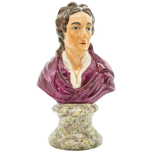 180 - A PEARLWARE BUST OF SIR ISAAC NEWTONCIRCA 1820Raised on a marbled socle. 19cms high