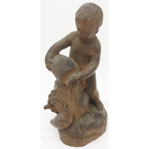 322 - A 19TH CENTURY TERRACOTTA FIGURE OF A PUTTI POURING WATER FROM AN URN, bearing signature18 cm