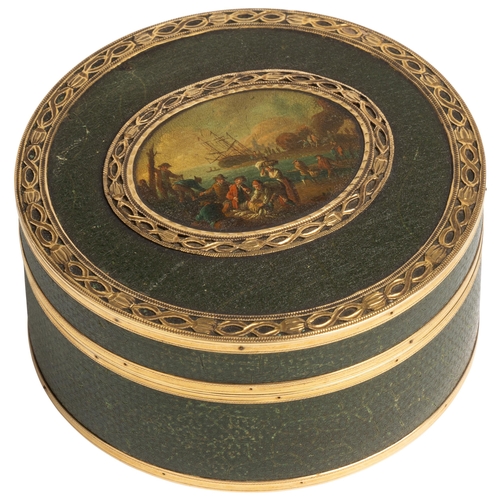 308 - A CONTINENTAL TORTOISESHELL AND GOLD MOUNTED CIRCULAR BOXLATE 18TH / EARLY 19TH CENTURYwith a green ... 