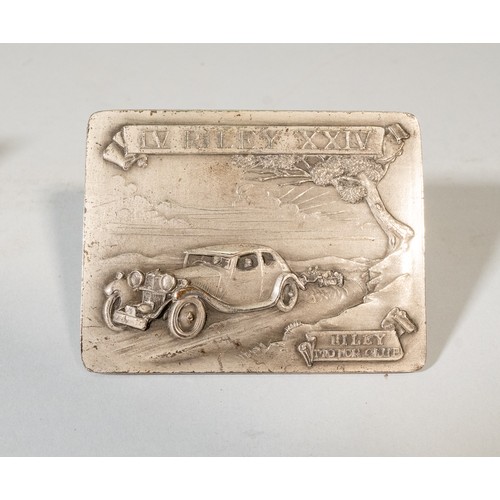 54 - FOUR PRE-WAR RILEY CLASS AWARD PLAQUES AND BADGESThree silver grille badges (5 x 7cm each), also a R... 