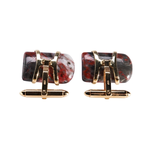 253 - PAIR OF CHICKENS BLOOD STONE TABLET FORM CUFFLINKS, set in 18k yellow gold approx 2.5cm, total gross... 