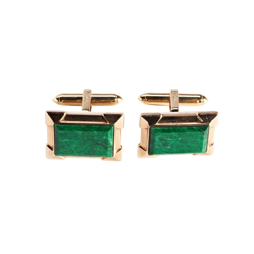 260 - PAIR OF RECTANGULAR FORM JADEITE GREEN PLAQUES mounted in 18k yellow gold cuff links approx 2cm wide... 