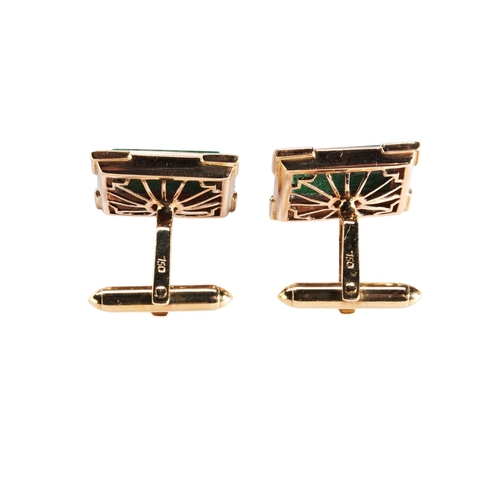 260 - PAIR OF RECTANGULAR FORM JADEITE GREEN PLAQUES mounted in 18k yellow gold cuff links approx 2cm wide... 