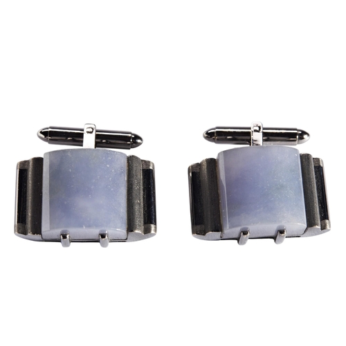 264 - PAIR OF BLUE JADEITE CUSHION FORM RECTANGULAR TABLET PLAQUES mounted in 18k gold cuff links, approx ... 