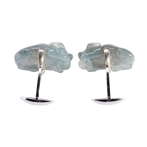 267 - PAIR OF GREEN JADE STONE CUFF LINKS carved as water buffalo, set in 18k white gold, approx 1.5cm, to... 