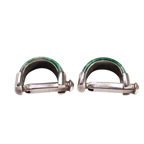 270 - PAIR OF MOTTLED GREEN JADE HOOP FORM CUFFLINKS mounted in white metal, approx 2.3cm, total gross wei... 