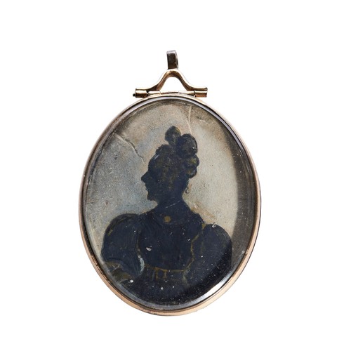 203 - A GEORGIAN SILHOUETTE LOCKET, CIRCA 1820the front with applied gilt detail, with hinged scroll surmo... 