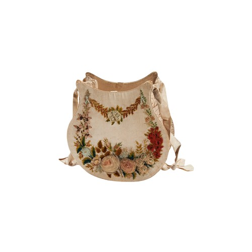 395 - AN EARLY NINETEENTH CENTURY LADY'S PURSE;the satin bag profusely embroidered with ribbon work flower... 