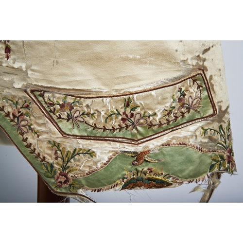 409 - A PAIR OF GENTLEMAN'S WAISTCOAT PANELS;un-mounted, the silk ground with floral embroidery (distresse... 