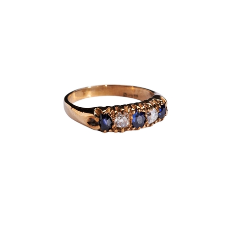 234 - A SAPPHIRE AND DIAMOND RING, CIRCA 1890the three mixed-cut sapphires, spaced by a brilliant-cut diam... 