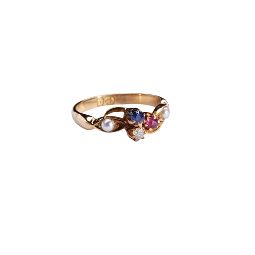 235 - A LATE VICTORIAN SAPPHIRE, RUBY, DIAMOND AND PEARL RING CIRCA 1890set with a circular cut ruby, sapp... 