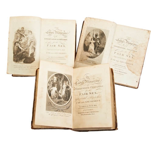 387 - THREE VOLUMES OF THE LADY'S MAGAZINE OR ENTERTAINING COMPANION FOR THE FAIR SEX (1893, 1804 and 1809... 