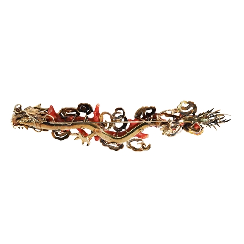 248 - CORAL AND GOLD DRAGON BROOCH/HAIR ORNAMENTthe coral branch elaborately mounted with a dragon head an... 