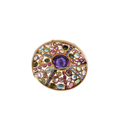 364 - CHANEL; A MULTI GEM SET BROOCHthe central circular cabochon-cut amethyst with four rows of radiating... 