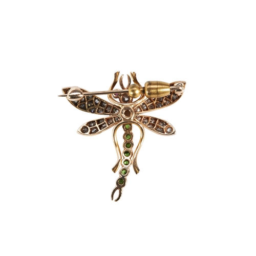 313 - A DIAMOND OPAL AND DEMANTOID GARNET DRAGONFLY BROOCHrealistically modelled and set with a circular c... 