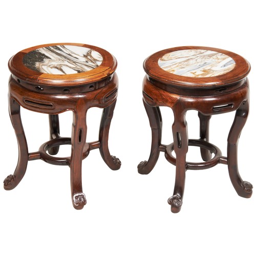 63 - TWO CHINESE CIRCULAR MARBLE-TOPPED 'HONGMU' STOOLS EARLY 19TH CENTURY红木椅 19世纪with lipped ogee edge, ... 