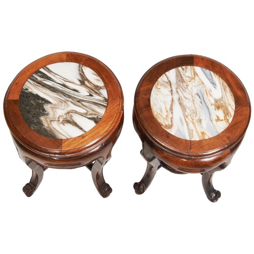 63 - TWO CHINESE CIRCULAR MARBLE-TOPPED 'HONGMU' STOOLS EARLY 19TH CENTURY红木椅 19世纪with lipped ogee edge, ... 