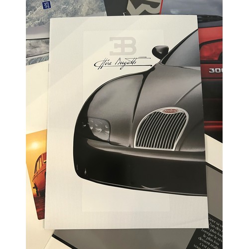 131 - A COLLECTION OF 10+ CONTINENTAL CAR BROCHURES, BUGATTI, VENTURI, DE-TOMASO RENAULT ALPINA AND OTHERS... 