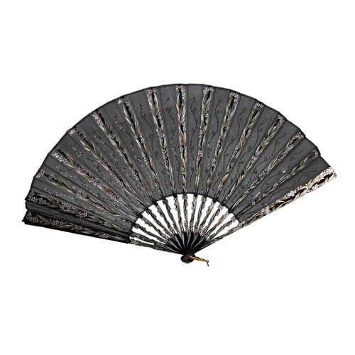 389 - FOUR FANSAn early nineteenth century Brise piquework blonde tortoiseshell fan with red paste highlig... 