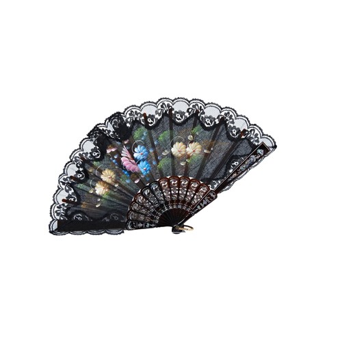 390 - A LACQUER FAN; the carved and pierced lacquer guards with similar sticks and black cotton leaf paint... 